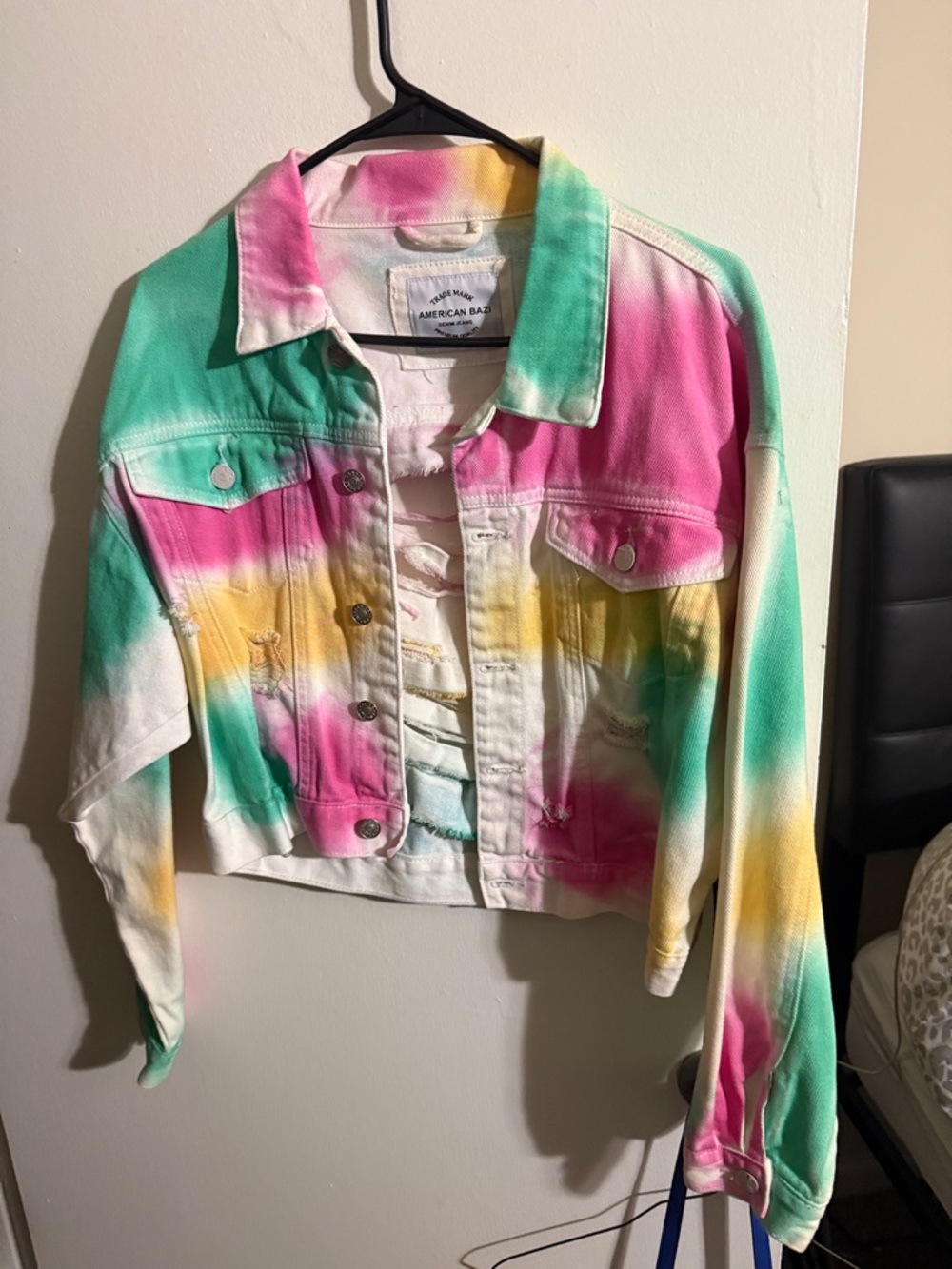 American Rag Cropped Tie-Dye Denim Jacket in Pink, Green & Yellow